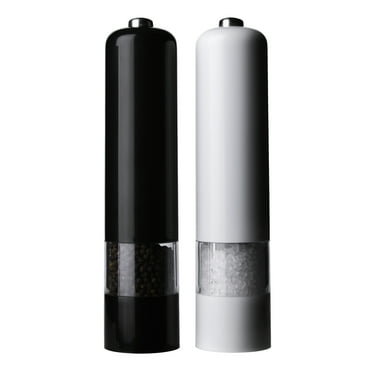 Kamenstein 8-Inch Battery Operated Grinder Set Black & White, Filled Salt & Pepper Mill Set