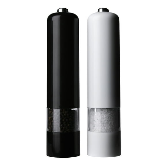 Kamenstein 8-Inch Battery Operated Prefilled Salt & Pepper Grinder Set, Black & White