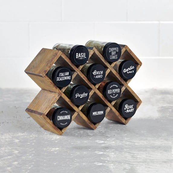 Kamenstein Criss-Cross Pine Spice Rack with 10 Pre-Filled Glass-Jars