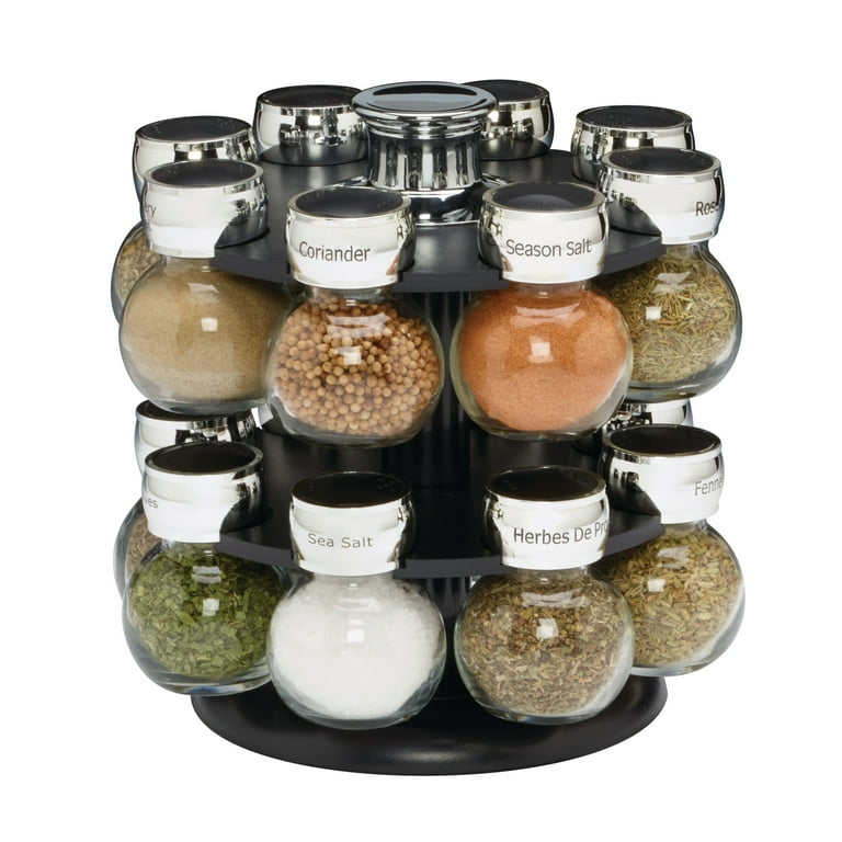 16 Jar Ellington Revolving Countertop Spice Rack with Lift & Pour Caps and  Spices Included, FREE Spice Refills for 5 Years: Black and Chrome