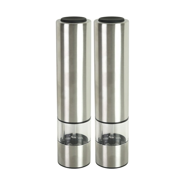 Kamenstein Set of 2 Electric Salt and Pepper Grinders, Refillable with LED Light, Stainless