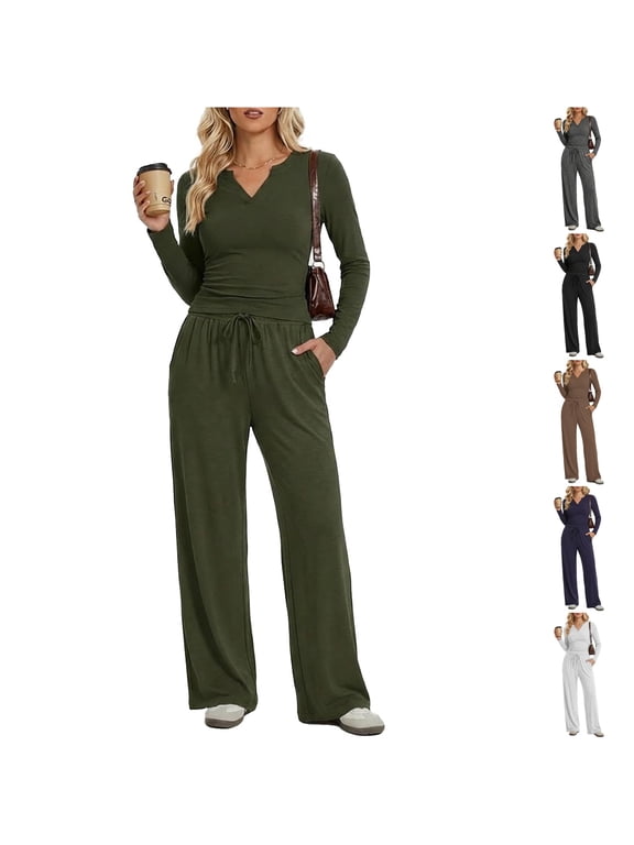2 Piece Lounge Sets for Women Fall Fashion Outfits | Two Piece Matching Loungewear Sets V Neck Top Wide Leg Pants Athleisure Workout Set