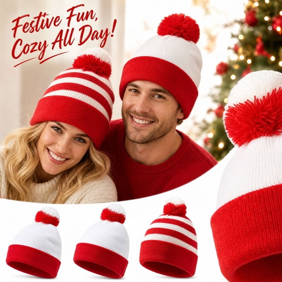 Kamentoy Christmas Knit Hat for Men Women Red White Santa Style Warm Beanie Festive Holiday Costume Cap for Christmas Party Family