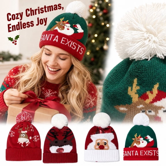 Kamentoy Christmas Knit Pom Pom Beanie Hat Pattern Soft Warm Stretchy Winter Holiday Cap for Christmas Party Gathering Daily Outdoor Wear Men Women