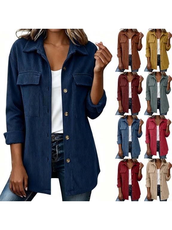 Corduroy Jacket for Women Trendy Long Sleeve Button Down Fall Shackets Oversized Lightweight Casual Coats with Pockets