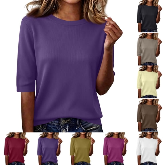 Kamentoy Elbow Length Tops for Women Dressy Casual Fall Crew Neck Cute Shirts Basic Classic Loose Half Sleeve Work Blouse