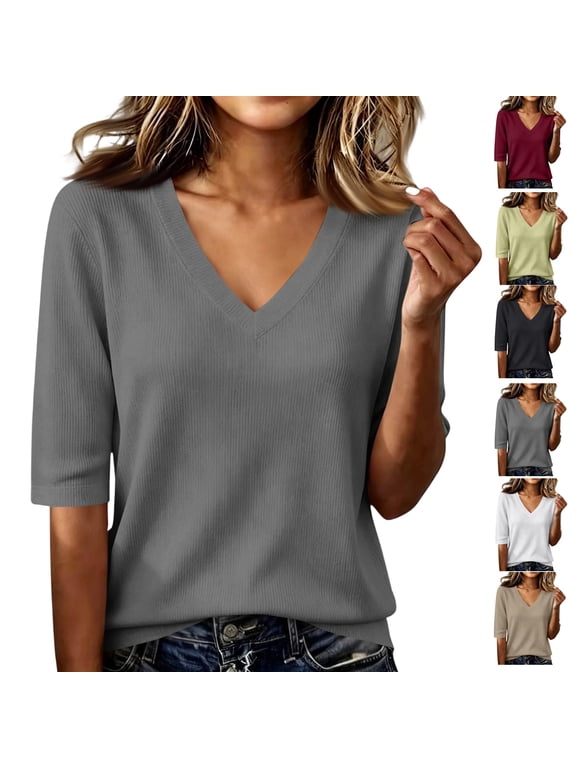 Fall Sweaters for Women Lightweight Knit V Neck Elbow Sleeve Tops Thin Pullover Sweater Shirt Tunic Casual Blouse
