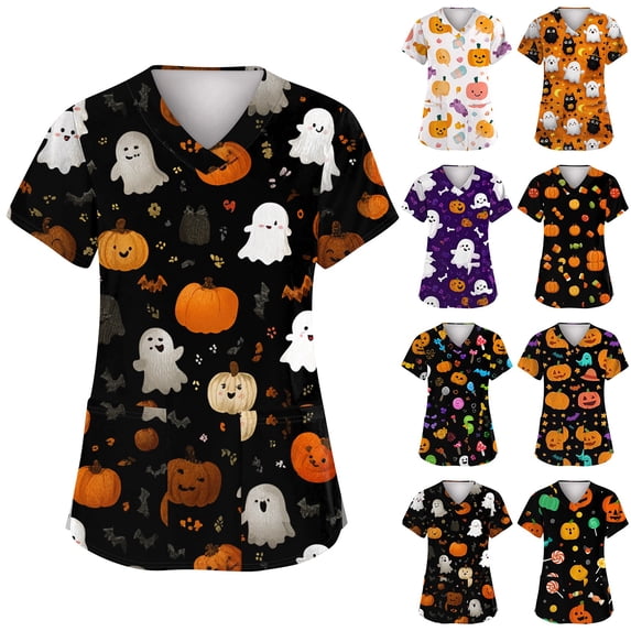 Kamentoy Halloween Scrubs Tops for Women Holiday Fall Fashion Cute Printed Casual Soft Stretch Workwear Uniforms Scrub Tops