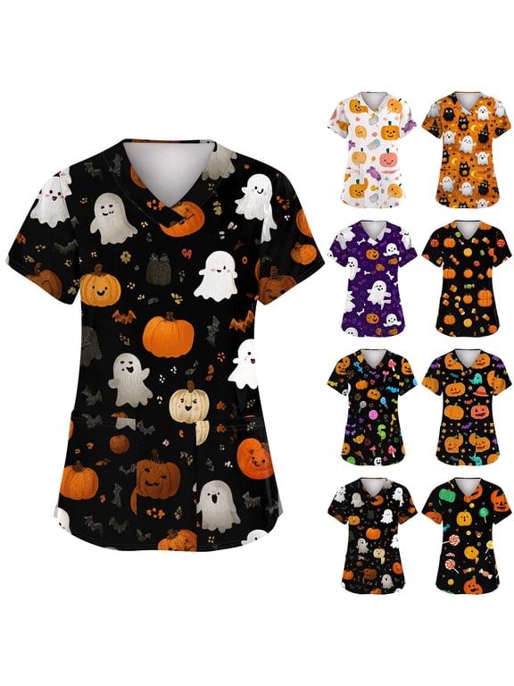 Halloween Scrubs Tops for Women Holiday Fall Fashion Cute Printed Casual Soft Stretch Workwear Uniforms Scrub Tops