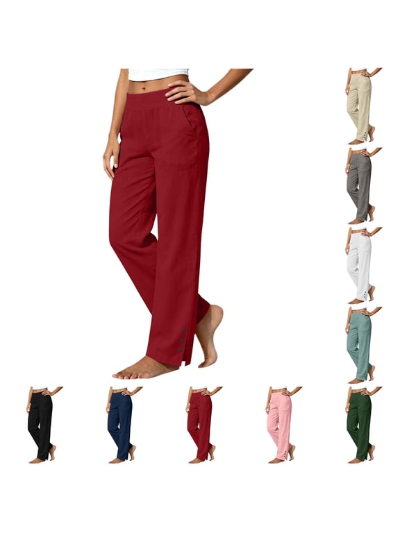 Linen Pants Women Petite Casual Straight Leg Pants | Ladies Elastic Waist Pull On Trousers with Pockets, Soft ankle pants,Split Button Design