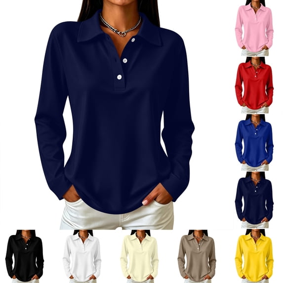 Kamentoy Long Sleeve Polo Shirts for Women Dressy Button Lapel Collar Golf Tops | Business, Office, Workout, Vacation, Holiday, Workout Clothes