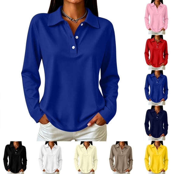 Kamentoy Long Sleeve Polo Shirts for Women Dressy Button Lapel Collar Golf Tops | Business, Office, Workout, Vacation, Holiday, Workout Clothes