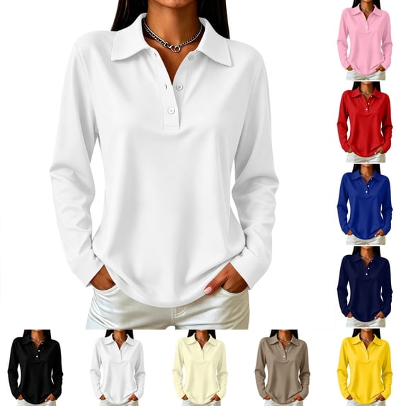 Kamentoy Long Sleeve Polo Shirts for Women Dressy Button Lapel Collar Golf Tops | Business, Office, Workout, Vacation, Holiday, Workout Clothes