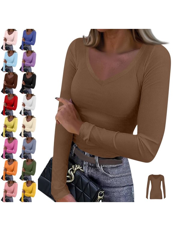 Long Sleeve Shirts for Women Fall Deep V Neck Slim Fit Tops Basic Tee, Soft Stretchy, Layering Undershirt, Going Out Outfits