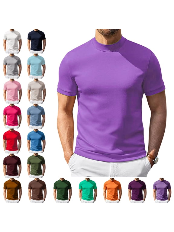 Men Short Sleeve Mock Neck Turtleneck T Shirts | Slim Fit, Basic Lightweight Tee Shirts, Solid Color