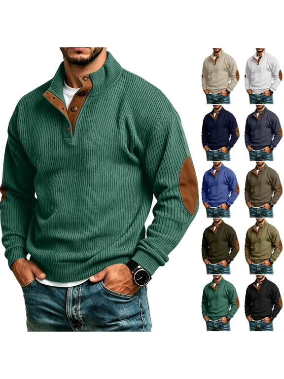 Mens Corduroy Sweatshirts Long Sleeve Henley Shirts Mockneck Sweatshirt | Quarter Button Sweater with Elbow Patches For Winter Fall Wear