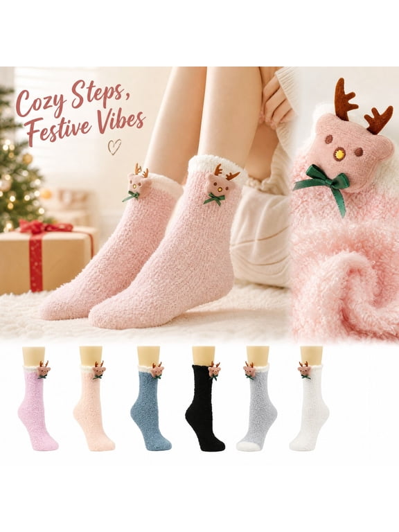 Socks For Women Christmas Thick Coral Fleece Fuzzy Mid Calf Crew Socks Soft Warm Plush Sleep Socks for Ladies Fall Winter Indoor Lounging Rest Christmas Holiday