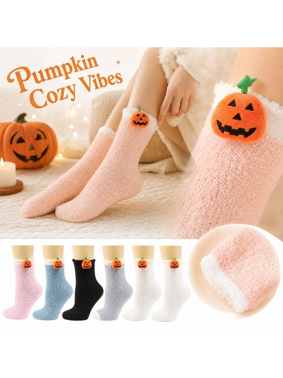 Women Halloween Fuzzy Crew Socks Pumpkin Pattern Coral Fleece Mid‑Calf Socks Warm Plush Sleep Socks for Indoor Lounging Halloween Party Fall Winter Use