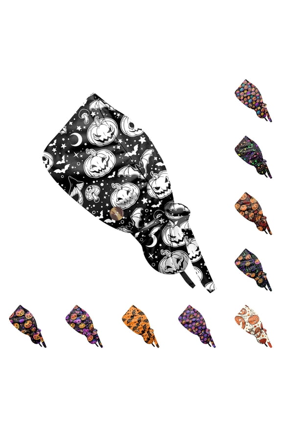 Women Halloween Print Scrub Cap Soft Elastic Breathable Adjustable Work Hat Hair Cover For Fall Holiday Party Headwear For Ladies