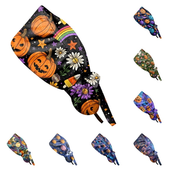 Kamentoy Women Halloween Print Scrub Cap Work Hat Cover For Fall Holiday Party Lightweight Seasonal Head Wrap Headwear For Women
