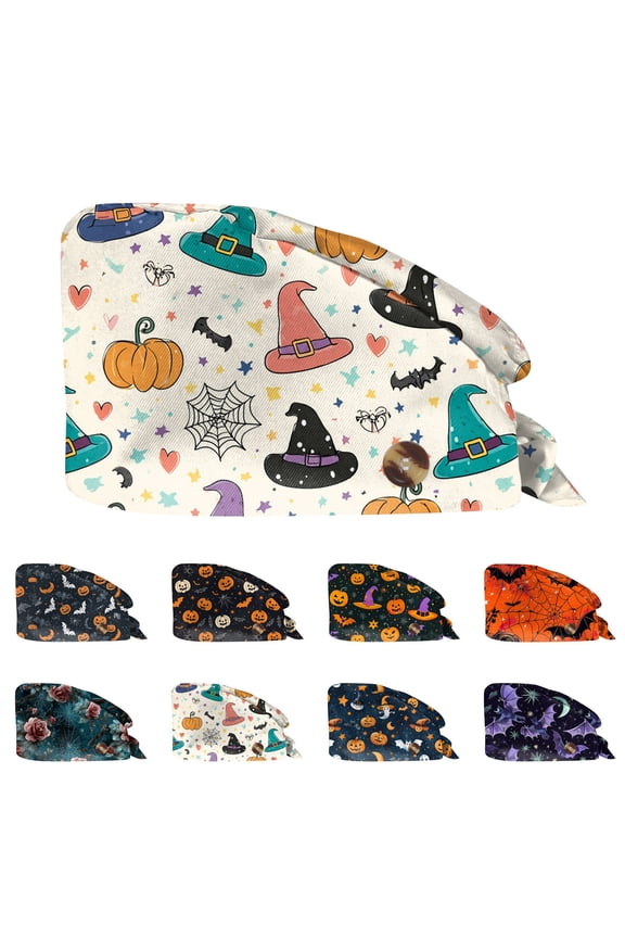 Women Halloween Witch Hat Halloween Print Ponytail Scrub Cap Soft Elastic Breathable Adjustable Work Hat For Fall Holiday Party Headwear For Women