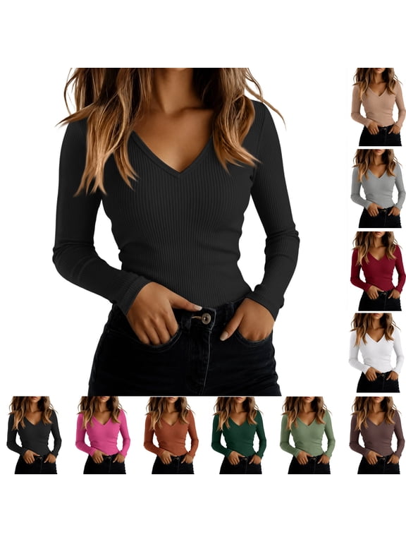 Women Long Sleeve Ribbed Fitted Sweaters Top | Soft Knitted Lightweight, Slim V Neck Shirts, Going Out Work Office Tops, Winter Layer Clothes