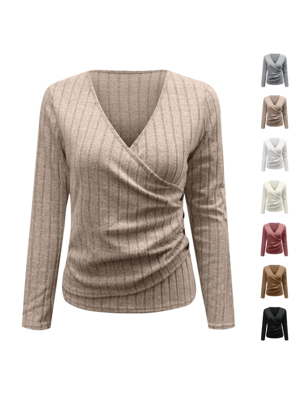 Women Long Sleeve V Neck Sweater Soft Slim Fit Casual Wrap Top, Ribbed Knit T Shirts, Business Casual Clothes, Fall Going Out Tops