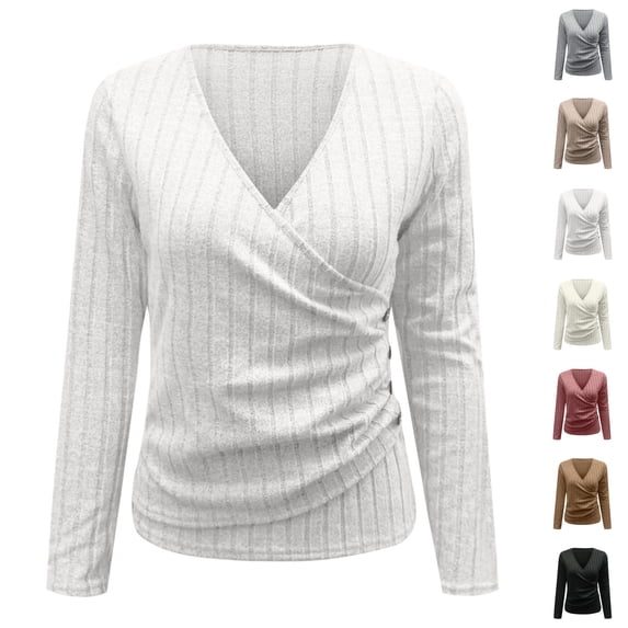 Kamentoy Women Long Sleeve V Neck Sweater Soft Slim Fit Casual Wrap Top, Ribbed Knit T Shirts, Business Casual Clothes, Fall Going Out Tops