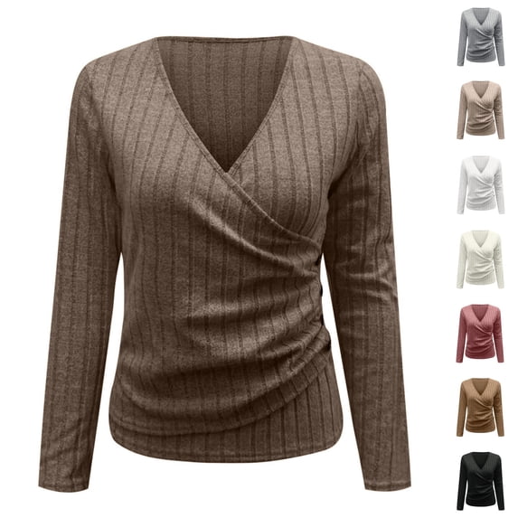 Kamentoy Women Long Sleeve V Neck Sweater Soft Slim Fit Casual Wrap Top, Ribbed Knit T Shirts, Business Casual Clothes, Fall Going Out Tops