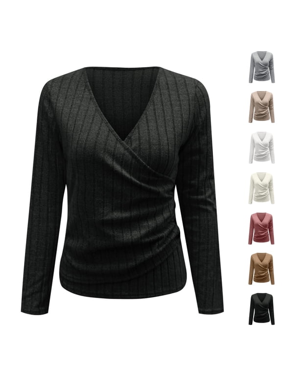 Women Long Sleeve V Neck Sweater Soft Slim Fit Casual Wrap Top, Ribbed Knit T Shirts, Business Casual Clothes, Fall Going Out Tops