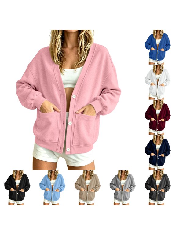 Women Oversized Sweatshirt Cardigan, Button Down Open Front Coat with Patch Pockets, Cozy Casual Jacket for Early Fall, Office Travel Wear
