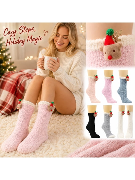 Women Socks Christmas Crew Socks Thick Warm Fluffy Fuzzy Mid Calf Sleeping Socks Soft Cozy Home Lounge Socks for Winter Holiday Xmas