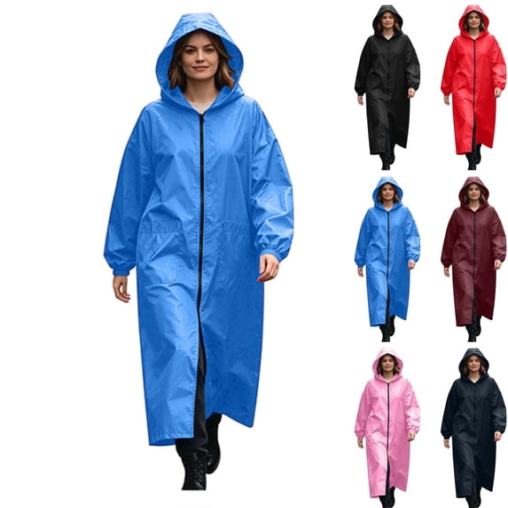 Kamentoy Women Waterproof Long Raincoat with Hood, Zipper Front Lightweight Rain Poncho Jacket for Hiking Camping Travel Outdoor Activities
