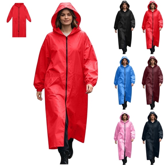 Kamentoy Women Waterproof Long Raincoat with Hood, Zipper Front Lightweight Rain Poncho Jacket for Hiking Camping Travel Outdoor Activities