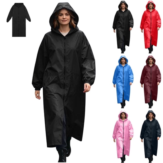 Kamentoy Women Waterproof Long Raincoat with Hood, Zipper Front Lightweight Rain Poncho Jacket for Hiking Camping Travel Outdoor Activities