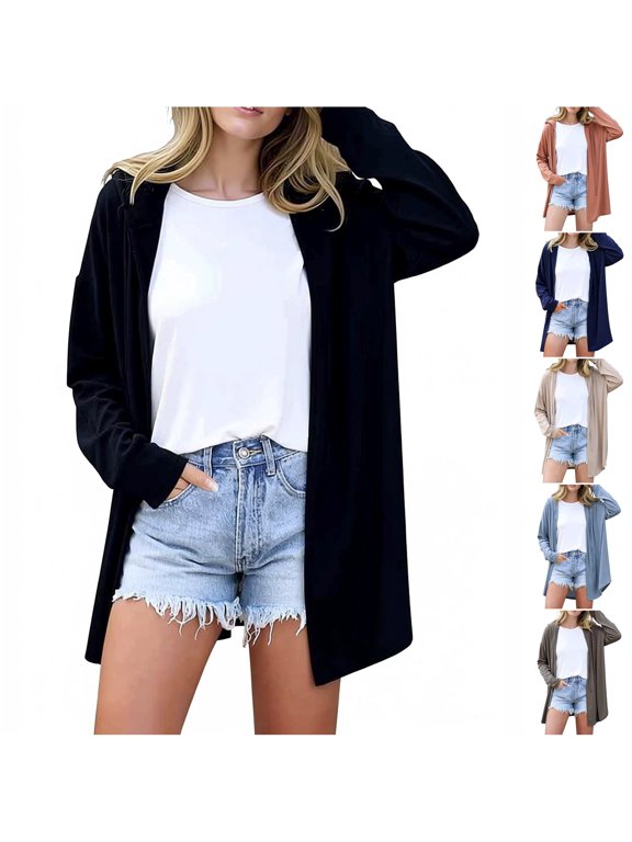 Women's Lightweight Hooded Cardigan Open Front Long Sleeve Duster Sweater Casual Loose Fit Cover-up