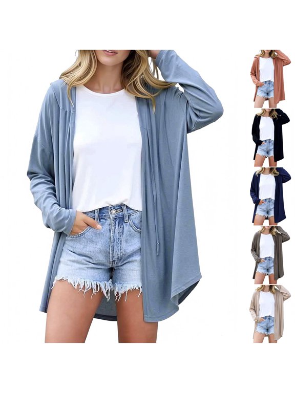 Women's Lightweight Hooded Cardigan Open Front Long Sleeve Duster Sweater Casual Loose Fit Cover-up