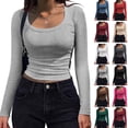 thumbnail image 1 of Kamentoy Women's Long Sleeve Crop Tops Ribbed Knit Y2k Scoop Neck Slim Fit Basic Going Out Shirts For Fall Everyday Wear, 1 of 5