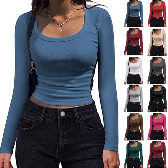 Kamentoy Women's Long Sleeve Crop Tops Ribbed Knit Y2k Scoop Neck Slim Fit Basic Going Out Shirts For Fall Everyday Wear