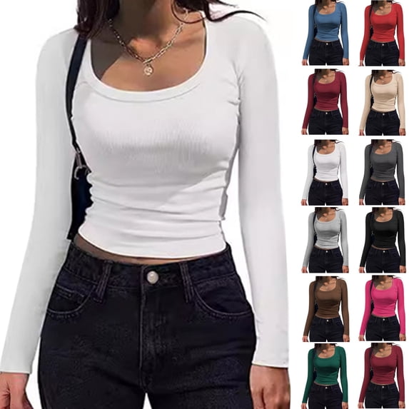 Kamentoy Women's Long Sleeve Crop Tops Ribbed Knit Y2k Scoop Neck Slim Fit Basic Going Out Shirts For Fall Everyday Wear