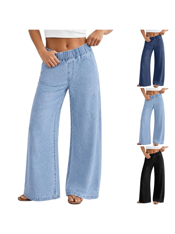 Women's Stretchy Wide Leg Jeans High Waisted Pull On Elastic Waist Denim Pants | Soft Comfy Denim,Tummy Control,Baggy Trendy Jeans for Casual