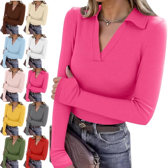 Kamentoy Women's V Neck Polo Shirts Long Sleeve Collared Business Fall Tunic Tops, Casual Ladies Polo, Knit Tee, Trendy Work Outfits, Golf Shirts
