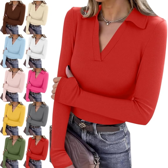 Kamentoy Women's V Neck Polo Shirts Long Sleeve Collared Business Fall Tunic Tops, Casual Ladies Polo, Knit Tee, Trendy Work Outfits, Golf Shirts