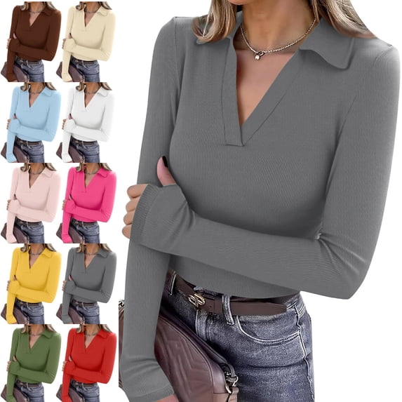 Kamentoy Women's V Neck Polo Shirts Long Sleeve Collared Business Fall Tunic Tops, Casual Ladies Polo, Knit Tee, Trendy Work Outfits, Golf Shirts