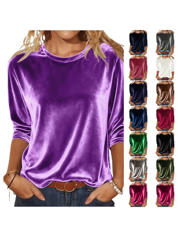 Women's Velvet Crew Neck Long Sleeve Relaxed Tunic Top, Round Neck Pullover, Suitable For Layering Beneath Outerwear