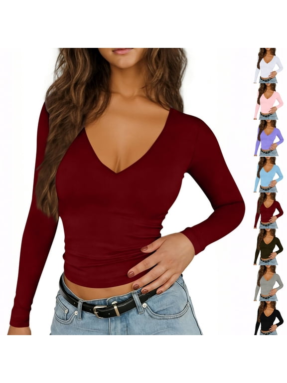Womens Casual Deep V Neck Long Sleeve Shirts Going Out Double Lined Crop Tops Slim Fitted Basic Tee For Casual Daily Wear