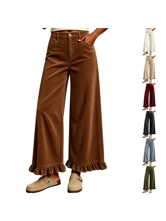 Womens Elastic Waist Corduroy Ruffle Baggy Pants | Pockets, Button Closure, Ruffle Hem, Mid Wiast, Palazzo Trousers, Office Dailywear Bottoms