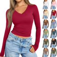 thumbnail image 1 of Kamentoy Womens Long Sleeve Ribbed V Neck Knit Shirts | Soft Stretch Slim Fitted Lightweight Basic Tees, Y2K Going Out Tops, Winter Layering Clothes, 1 of 6
