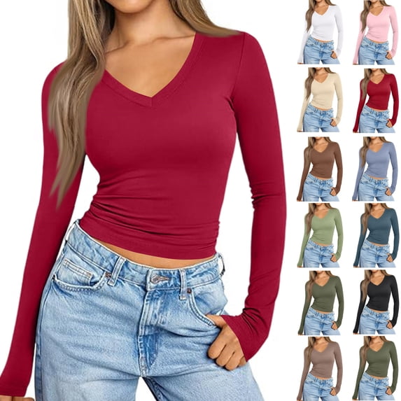 Kamentoy Womens Long Sleeve Ribbed V Neck Knit Shirts | Soft Stretch Slim Fitted Lightweight Basic Tees, Y2K Going Out Tops, Winter Layering Clothes