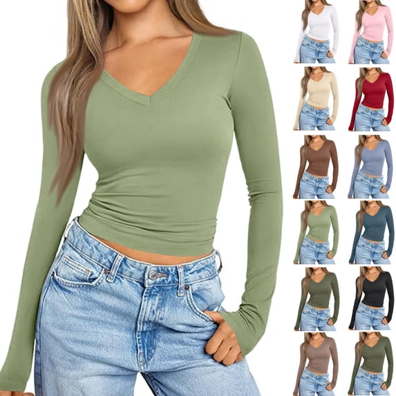 Kamentoy Womens Long Sleeve Ribbed V Neck Knit Shirts | Soft Stretch Slim Fitted Lightweight Basic Tees, Y2K Going Out Tops, Winter Layering Clothes